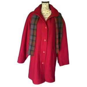 Vintage WOOLRICH plaid lined red wool trench coat with matching scarf size L EUC